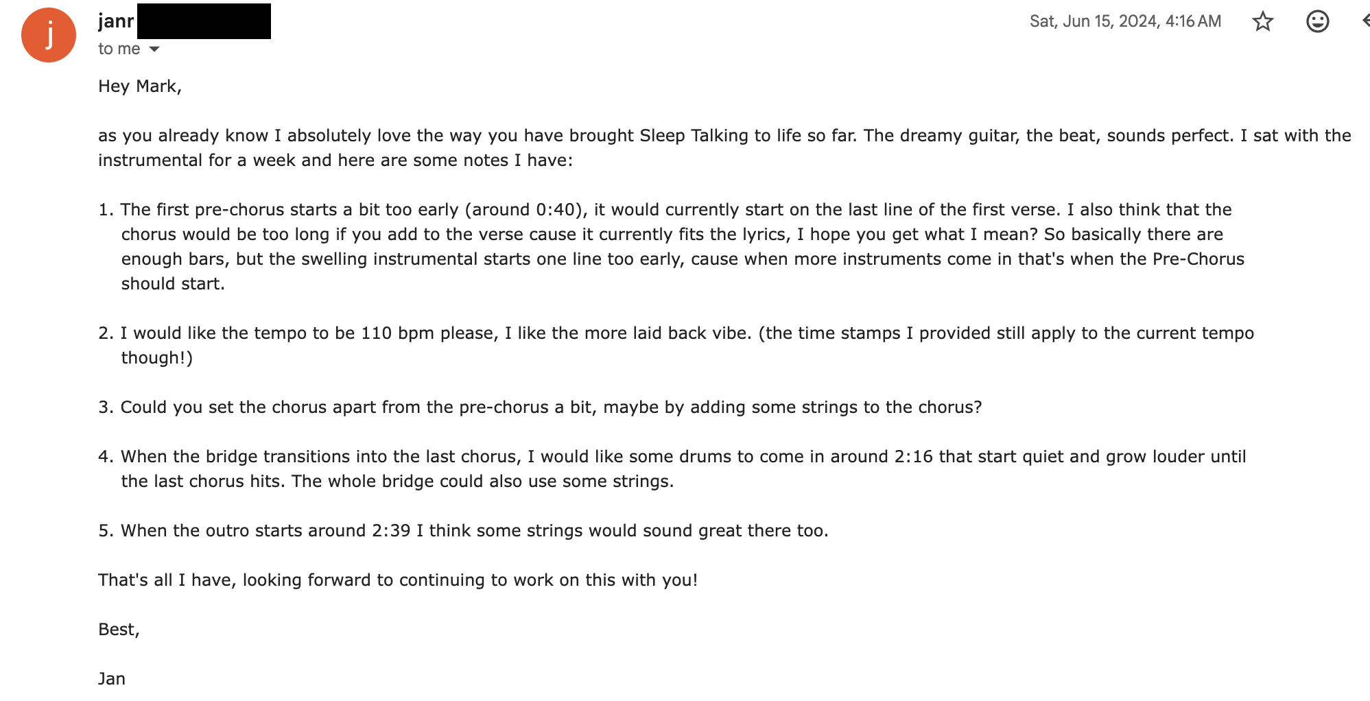 Jan. “I absolutely love the way you have brought Sleep Talking to life… the dreamy guitar, the beat, sounds perfect.”